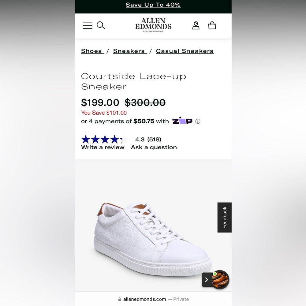 Allen Edmonds white tennis shoes size 12